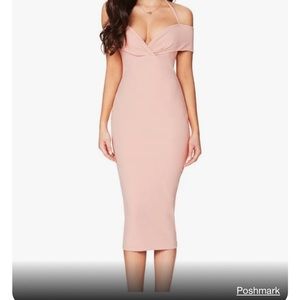 Nookie Athena off the shoulder blush halter midi dress figure hugging size S NWT